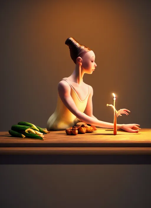 Image similar to a ballerina sitting on top of a wooden table, medieval concept art, cinematic lightning and colors, featured on cg society, photorealism, vray tracing, rendered in unreal engine, photorealistic, vegetables on table and candle, dark lightning, contrast shadows