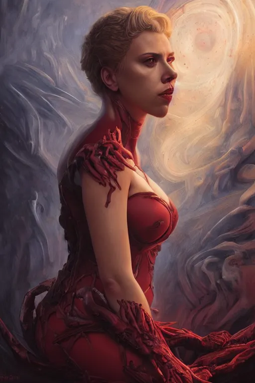 Prompt: Scarlett Johansson as the Queen of Hell , Highly Detailed anatomy, only two hands, highly detailed, digital painting, artstation, concept art, smooth, sharp focus, illustration, Unreal Engine 5, 8K, art by art by artgerm and greg rutkowski and edgar maxence