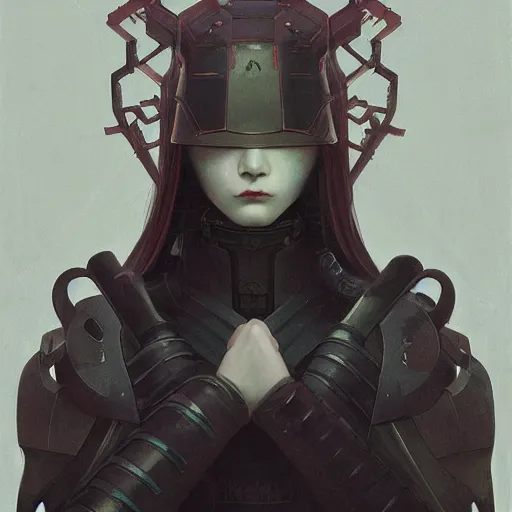 Image similar to portrait girl with armor in style of ghost blade by by hsiao ron cheng, tetsuya ichida, bizarre compositions, tsutomu nihei, exquisite detail, extremely moody lighting, 8 k, art nouveau, old chines painting, art nouveau