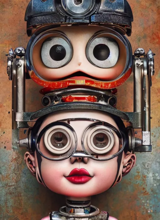 Image similar to closeup portrait of tin toy robot girl trap, depth of field, zeiss lens, detailed, symmetrical, centered, fashion photoshoot, by nicoletta ceccoli, mark ryden, lostfish, breathtaking, 8 k resolution, extremely detailed, beautiful, establishing shot, artistic, hyperrealistic, octane render