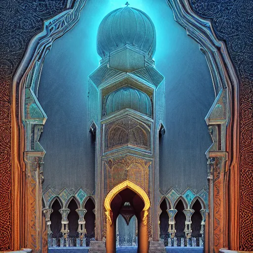 Image similar to Photorealistic demonic mosque in the style of architectural by Michael Whelan and Gustave Dore. Hyperdetailed photorealism, 108 megapixels, amazing depth, glowing rich colors, powerful imagery, psychedelic Overtones, 3D finalrender, 3d shading, cinematic lighting, artstation concept art