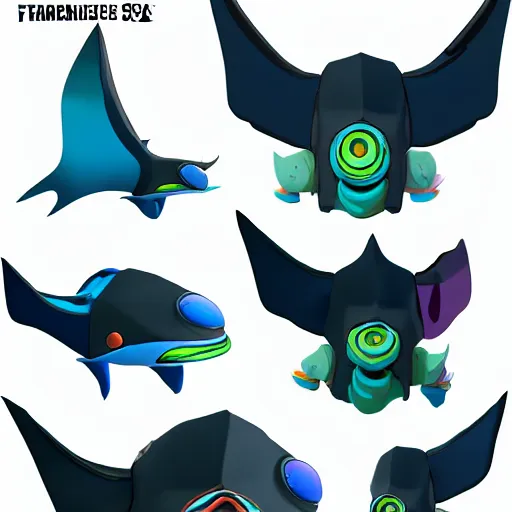 Image similar to character design sheets for a mantaray character who sells spray paint cans and has a sculpting gig on the side, designed by splatoon nintendo, inspired by tim shafer psychonauts 2 by double fine, cgi, professional design, gaming