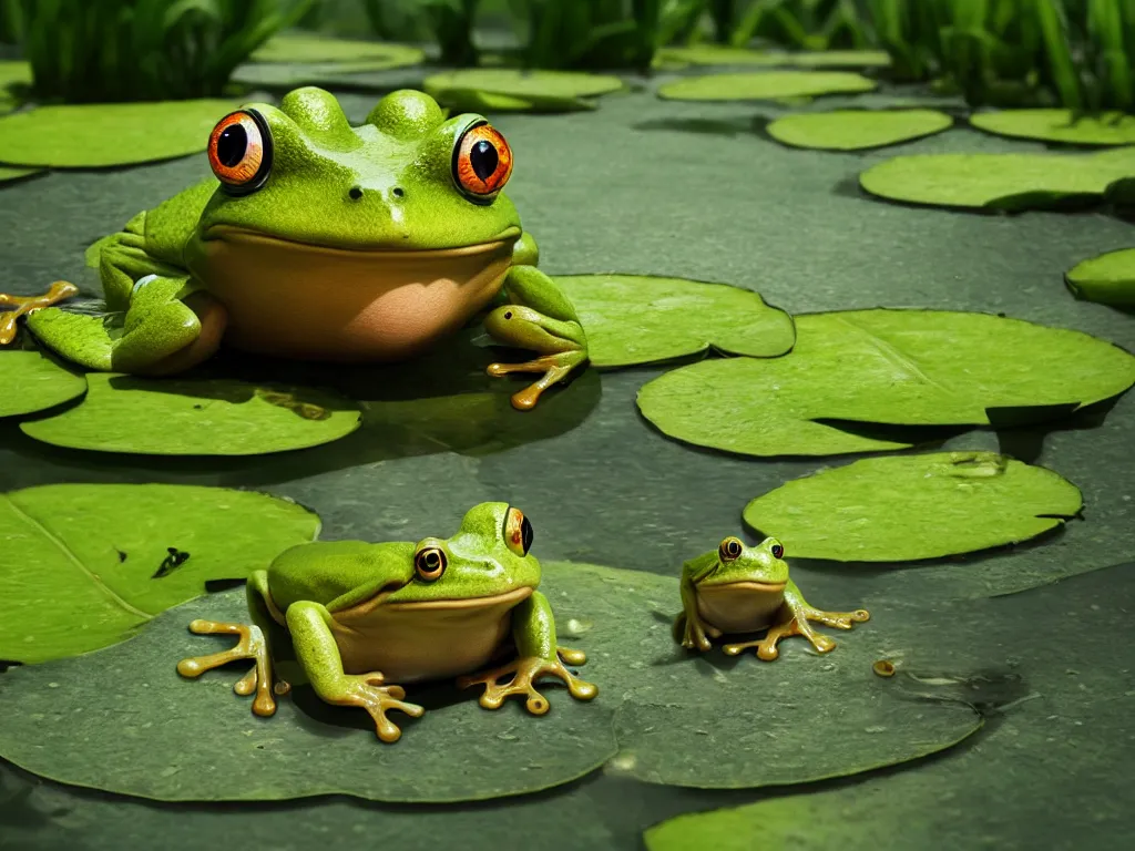 Image similar to frog cute character in water with water lily fireflies around, cute big eyes with details in body, vegetation, water, flying shot, portrait, full shot, symmetrical, frontal, rim light, pixar, octane render, digital art