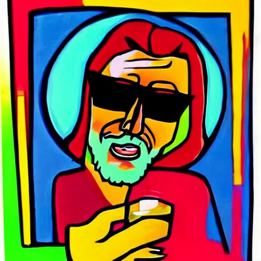 Prompt: pop art of Jesus wearing shades sipping wine and chilling