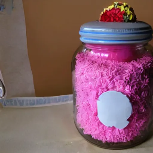 Prompt: a jar with a birthday cake in it.