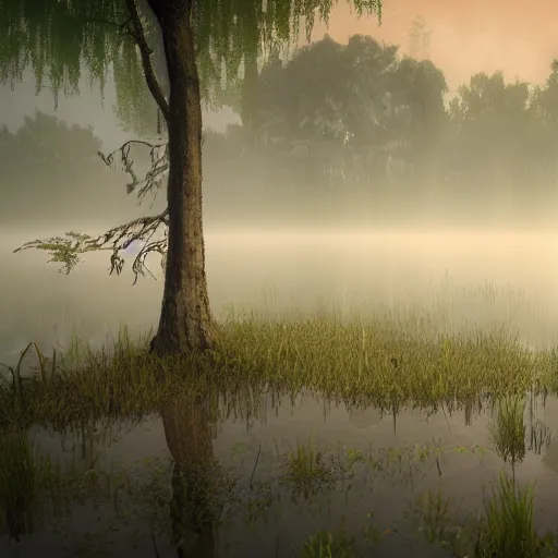 Image similar to artistic swamp with mystic fog, water on the foreground, from horror movies, artstation, low poly vegetation, fisher with fishing rode