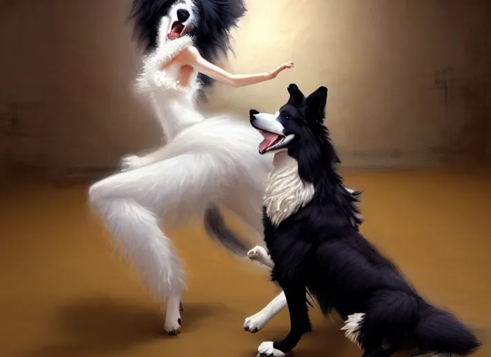 Image similar to wide shot painting of a male anthropomorphic border collie fursona dancing with a cute female anthropomorphic sheep fursona in a ballroom, beautiful, intricate, elegant, realistic proportions, highly detailed, scenic background, trending on artstation, art by charlie bowater and henry asencio and and ross tran