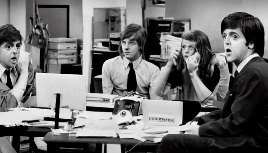 Prompt: the office, starring young paul mccartney, high quality