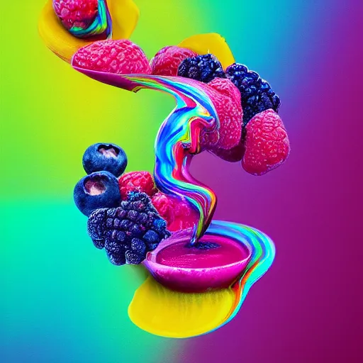 Image similar to raspberry, blueberry, vanilla smoothie explosion, intricate complexity, inverted neon rainbow drip paint, trending on art station, photoreal, 8 k, octane render