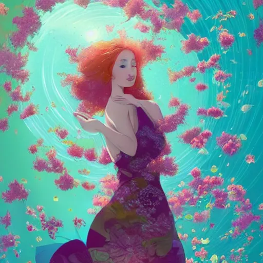 Image similar to Ginger woman in a swirling sundress of flowers, underwater, floral explosion, radiant light, vortex of plum petals, by WLOP, Victo Ngai and artgerm, artstation, deviantart