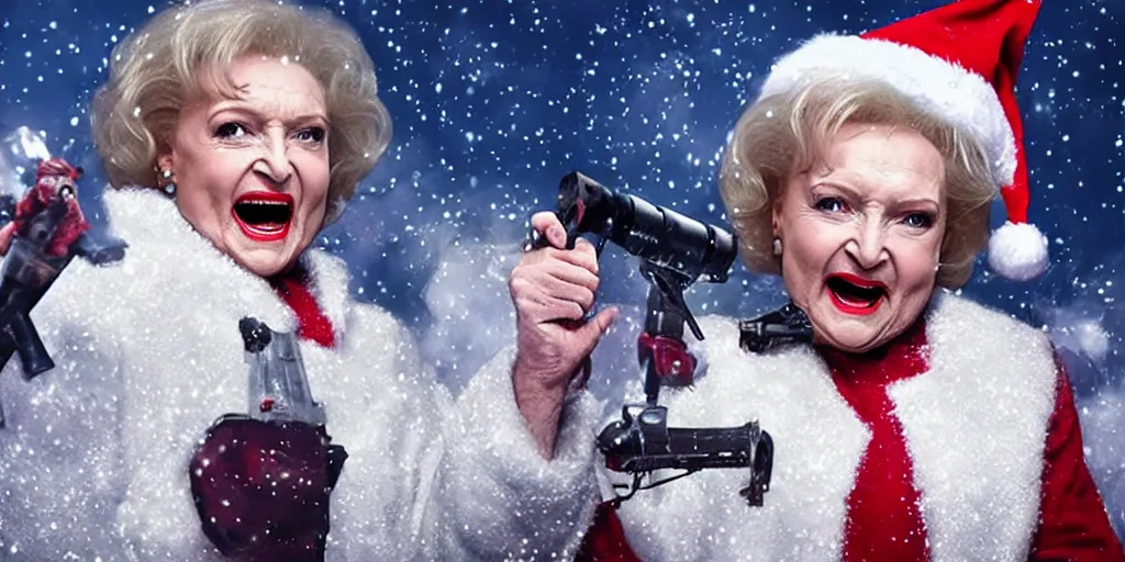 Image similar to betty white rocket launcher christmas nightmare horror by jordan peele cinematic fog snow night terrifying