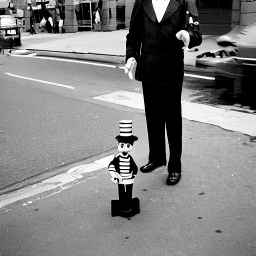 Prompt: mr monopoly 1930s street performer, 35mm film