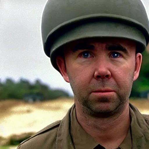 Image similar to Karl Pilkington in Saving Private Ryan, cinematic shot