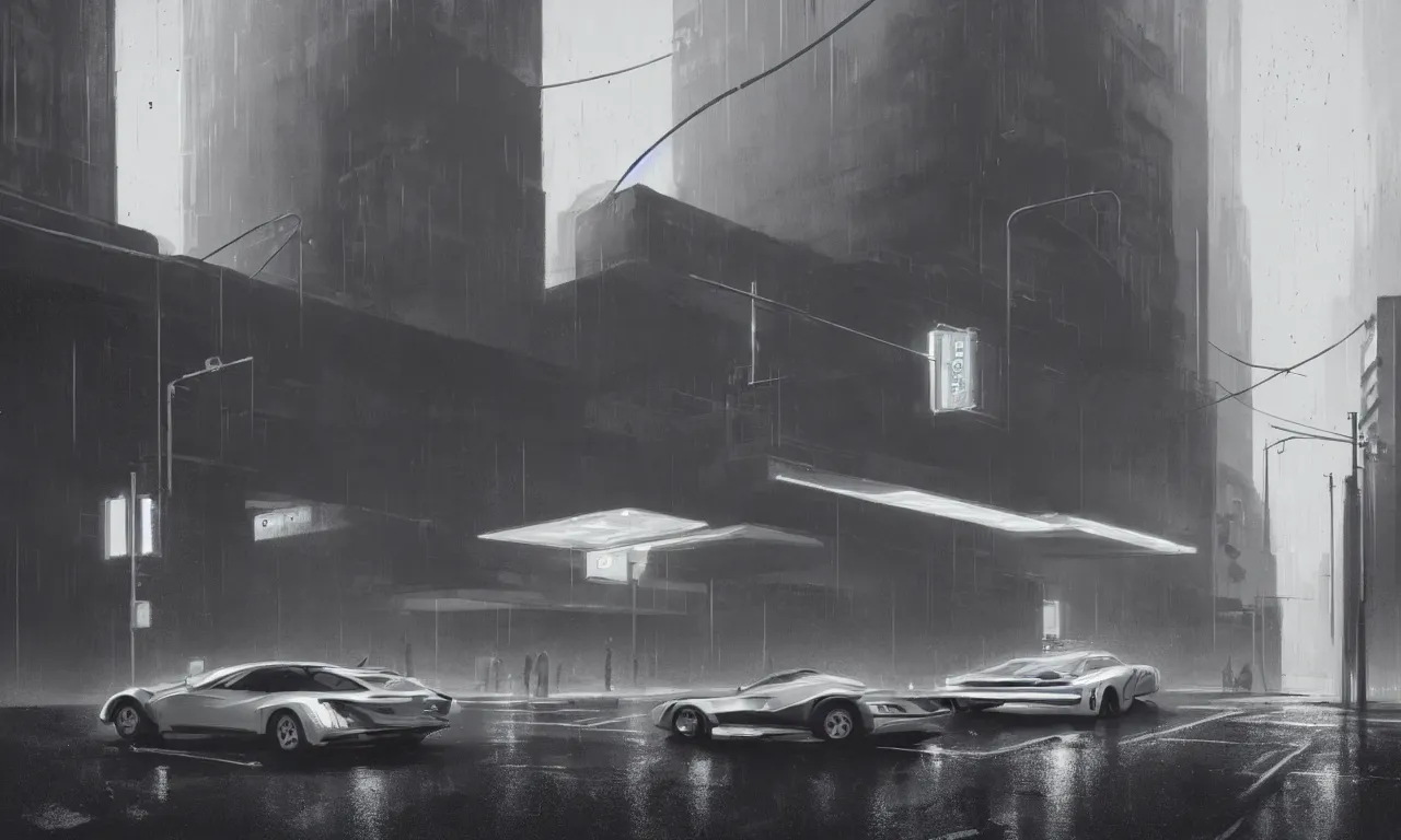 Prompt: high resolution photograph, streetscape, simple brutalist architecture, metal, concrete, wet streets, white neon lights, color neon signs, flying cars, pedestrians, greg rutkowski, syd mead, ralph mcquarrie, concept art, matte painting, finely detailed, minimal artifacts, rule of thirds, dynamic lighting, cinematic, denoised, centered, artstation