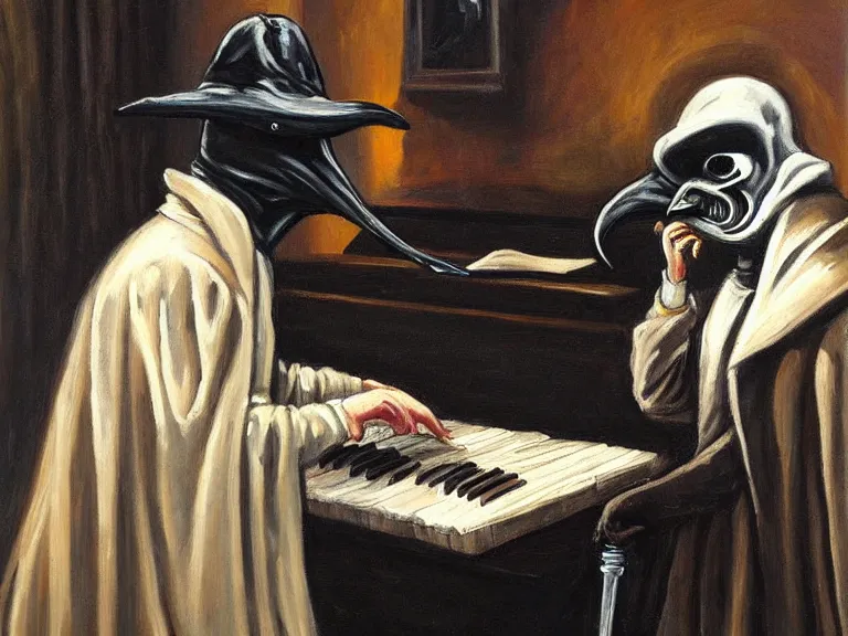 Prompt: a plague doctor playing a concert piano, oil painting, epic