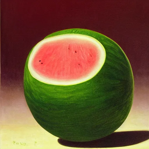 Image similar to painting of a watermelon by rene magritte, hd, 4 k, detailed, award winning