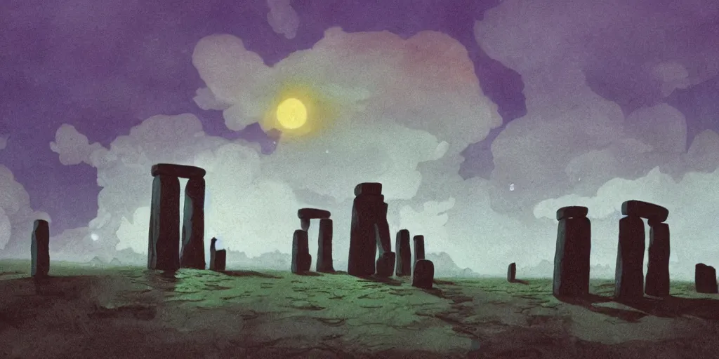 Image similar to a realistic cell - shaded concept art from howl's moving castle ( 2 0 0 4 ) of a multi - colored cube from close encounters of the third kind ( 1 9 7 7 ) over a flooded stonehenge. it is a misty starry night. very dull colors, hd, 4 k, hq