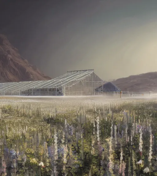 Prompt: a matte painting of a white biroremediation architecture ofthree levels, greenhouse in the mining tailings in the desert, prairie, cottage town, foggy, patchy flowers, oil painting, pale colors, high detail, 8 k, wide angle, trending on artstation, behance