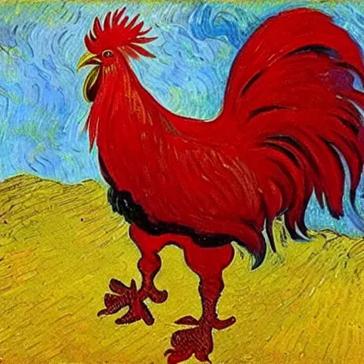 Image similar to bright red oil painting of a rooster, Vincent van Gogh