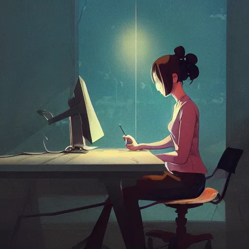 Image similar to beautiful scene render of a person sitting at a desk, looking at monitor, dimly lit bedroom, hot cocoa drink,, perfectly shaded, atmospheric lighting, style of makoto shinkai and peter mohrbacher, studio ghibli. artgerm, karol bak, beeple, animation style, 8 k hd, ultra wide angle, hyper detailed