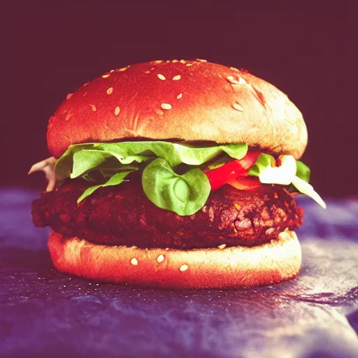 Image similar to photo of hamburger made of blue meat, food photography, cinestill, 800t, 35mm, full-HD