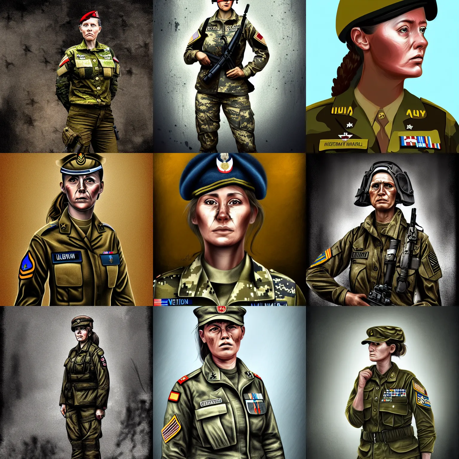 Prompt: veteran female soldier wearing military uniform, standing in the aftermath of a terrible war. gritty, highly detailed, digital painting, illustration, high definition digital art