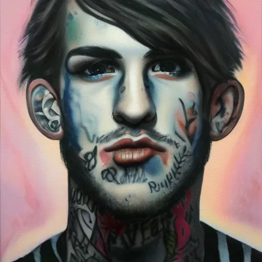 Prompt: lil peep, face tattoos, oil painting, portrait