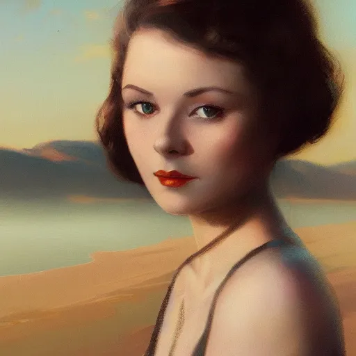 Image similar to a closeup portrait of a young vivian leigh, lake background, gorgeous view, sunset, film noir, serene, high detail, depth, masterpiece by greg rutkowski, digital art, trending on artstation