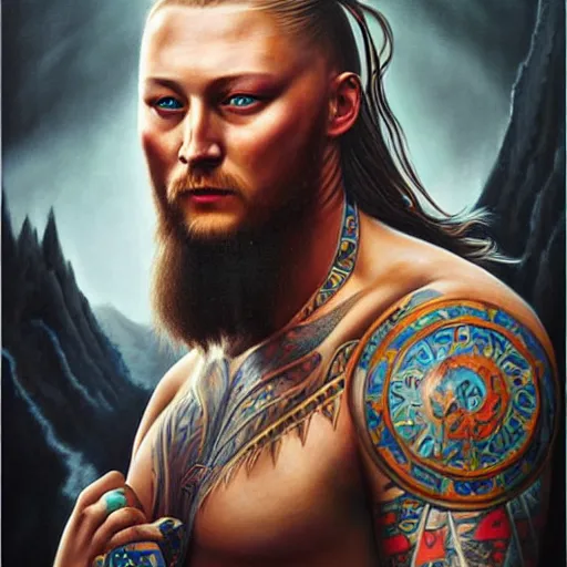 Prompt: ultra realistic portrait painting of a ragnar from the vikings with blue eyes and tribal tattoo, painted by Tristan Eaton Stanley Artgerm and Tom Bagshaw