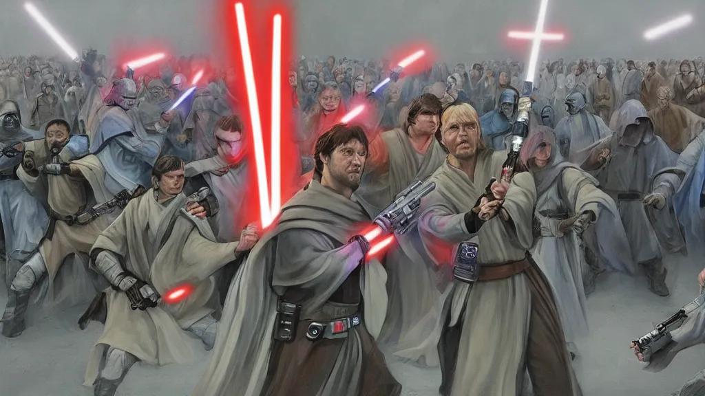 Prompt: jedi battle of zelensky against putin, in the style of star wars