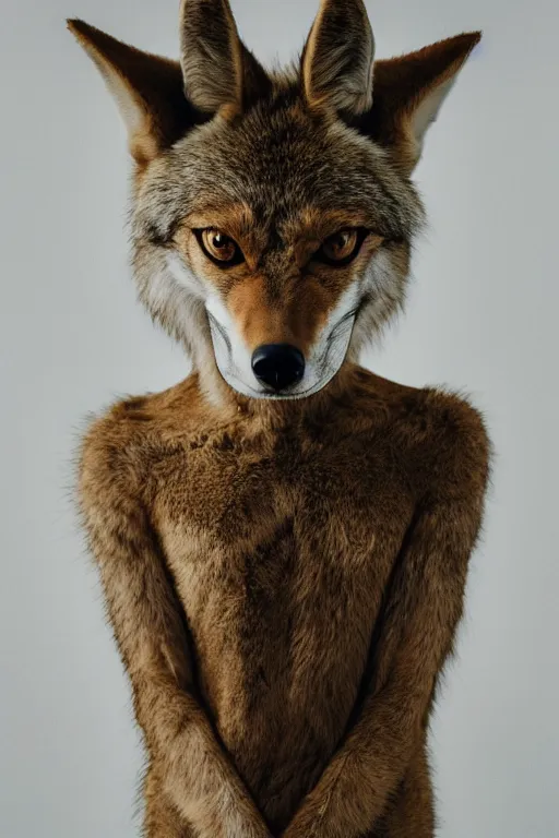 Image similar to furry anthro anthropomorphic portrait of a coyote head animal person fursona standing in a plain white room professional studio photo