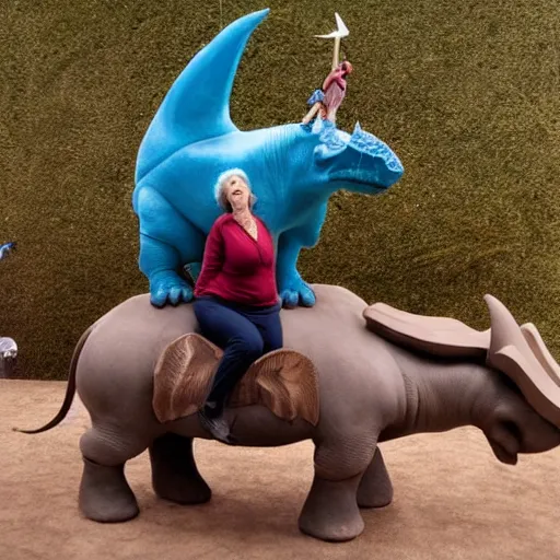 Prompt: mirtha legrand riding a triceratops