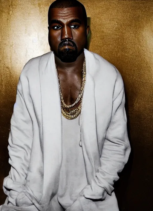 Prompt: kanye west styled by nick knight posing, full body shot, set pieces, intricate set, vogue magazine, canon, highly realistic. high resolution. highly detailed. dramatic. 8 k. 4 k.
