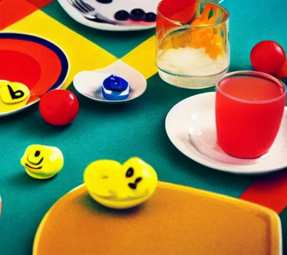 Prompt: color photo still of pac - man and ms pac - man, realistic at the breakfast table