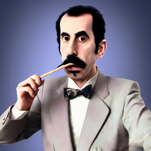 Image similar to A portrait of borat sagdiyev smoking a rolled marijuana joint, 8k, hyper realistic