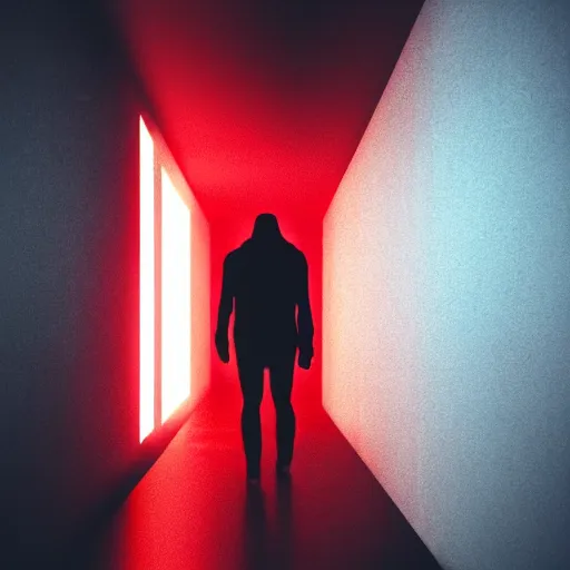 Image similar to photograph of an extremely dark narrow hallway with glowing humanoid cryptid made out of television static, dark deep black shadows, red and black color contrast in the style of trevor henderson, liminal space, 3 d octane render, glitch effect