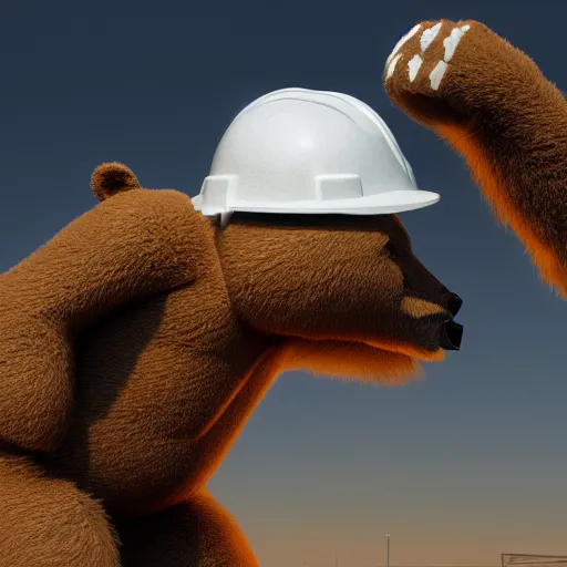 Image similar to dancing bear wearing a hardhat lit by sunlight, comical, hyperrealist octane lighting, trending on artstationhq and cgsociety