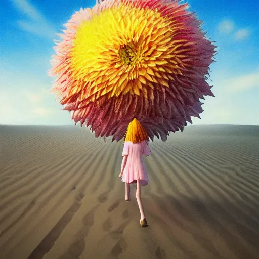 Image similar to closeup giant dahlia flower into head, girl walking between dunes, surreal photography, sunrise, blue sky, dramatic light, impressionist painting, digital painting, artstation, simon stalenhag