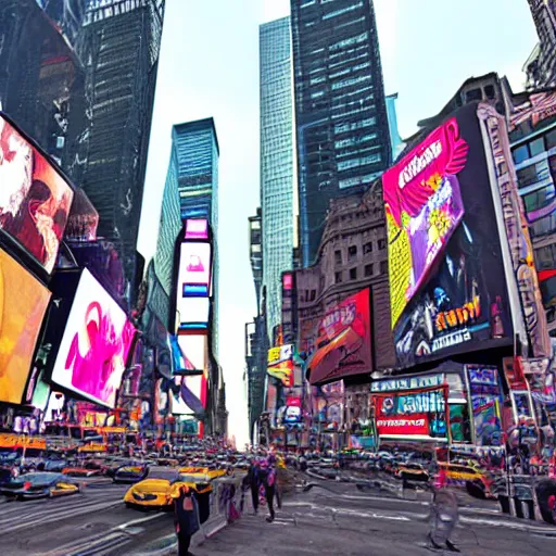 Prompt: giant alien spacecraft looming over times square, casting shadow as people look up, realistic, highly detailed digital art