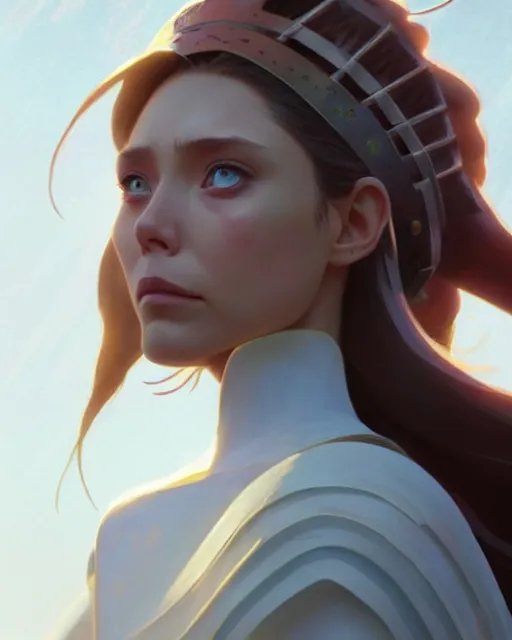 Image similar to azctec warrior, elizabeth olsen, detailed perfect face, exquisite details, fire magic, mid view, design on a white background, by studio muti, greg rutkowski makoto shinkai takashi takeuchi studio ghibli