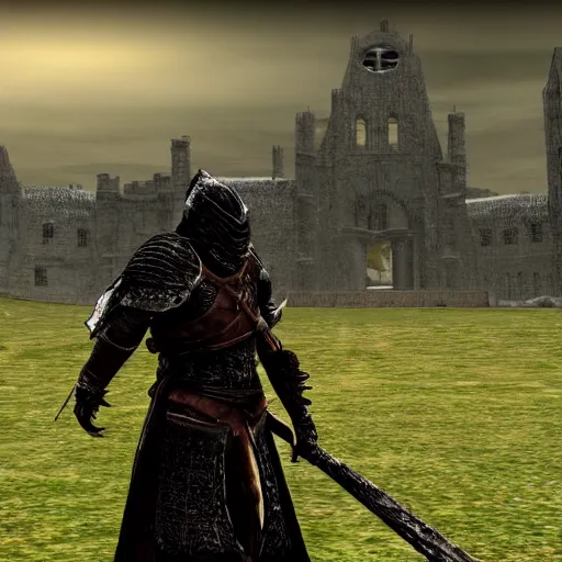 Image similar to Character from Dark Souls standing in a wide open field