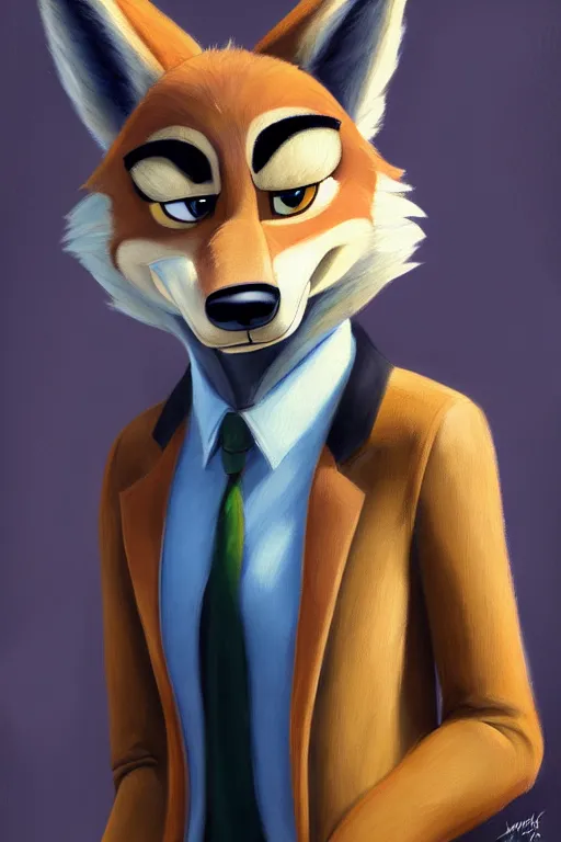 Image similar to oil painting of anthromorphic female wolf, in style of zootopia, female fursona, furry, furaffinity, 4 k, deviantart, furry art, fursona art, wearing black business suit, business suit, wolf fursona, female, smug expression,