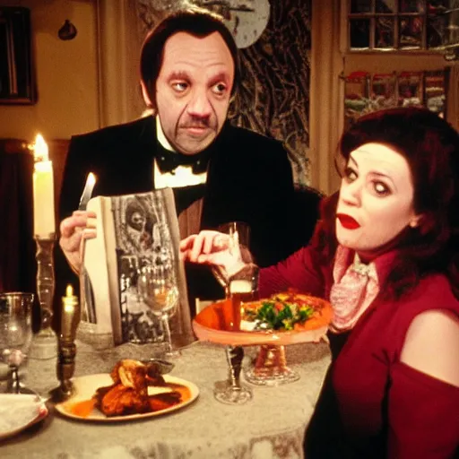 Prompt: mr rigsby and miss jones from rising damp are enjoying dinner together. gothic