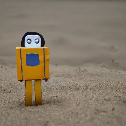 Image similar to Dreamt in 29.59s for !dream robot made of a cardboard box, crayon face, walking through on the beach, dof, cinematic lighting, hyperrealistic, extremely detailed,