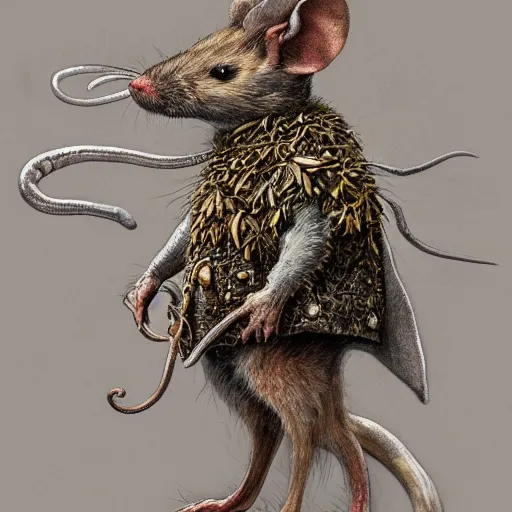 Image similar to detailed realistic body portrait of a mouse druid in full plate ceremonial armor, covered in fungus and mushrooms, decayed plant matter, leaves, by Gerald Brom and Alan Lee, ArtStation