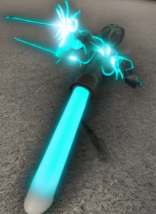 Prompt: Glowing Teal Battleaxe emanating energy