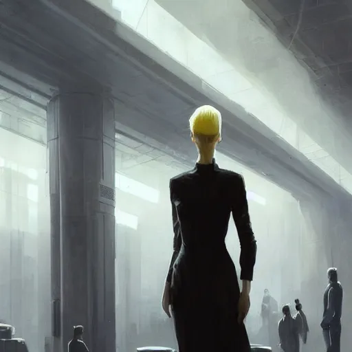 Prompt: scifi art by greg rutkowski, a very tall and slender woman with blond hair, talking to a very tall and slender man with short black hair, brutalist futuristic interior, dark lighting atmosphere, detailed portraits, nostalgic atmosphere, scifi, digital painting, artstation, concept art, smooth, sharp foccus ilustration, artstation hq