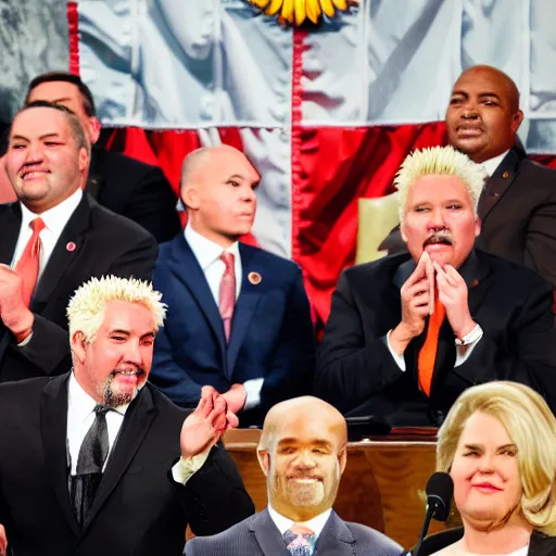 Prompt: press photo of President Guy Fieri, State of the Union Address, congress, audience, symmetrical faces!!!!, round symmetrical eyes!!!, cinematic lighting, award winning photo, press photo, kodak 2383 film, low contrast!!, (((orange))), washed out colors