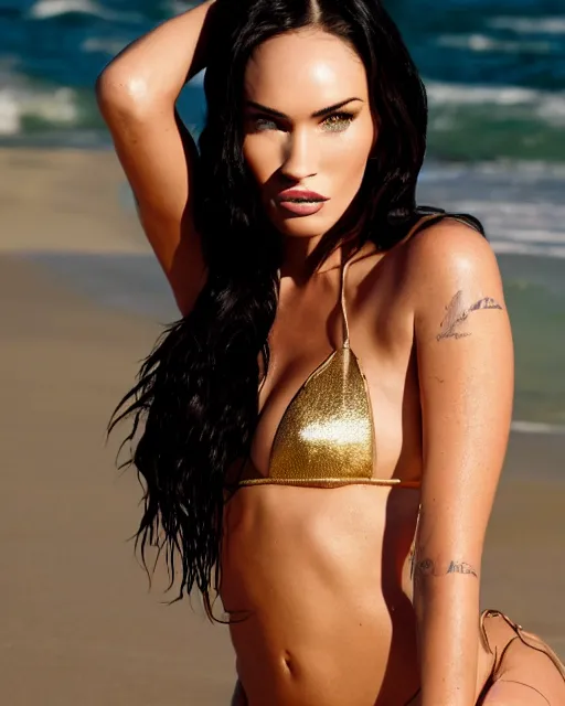 Image similar to Beautiful Head and shoulders portrait of confident flirty megan fox with straight long black hair, wearing a bikini by Zoë Mozert , Stephen Wayda , alberto Vargas, arney freytag, artstation, 35mm, fashion photoshoot, posing on the beach, golden hour, bokeh, rim lighting, fashion pose, octane, 4k