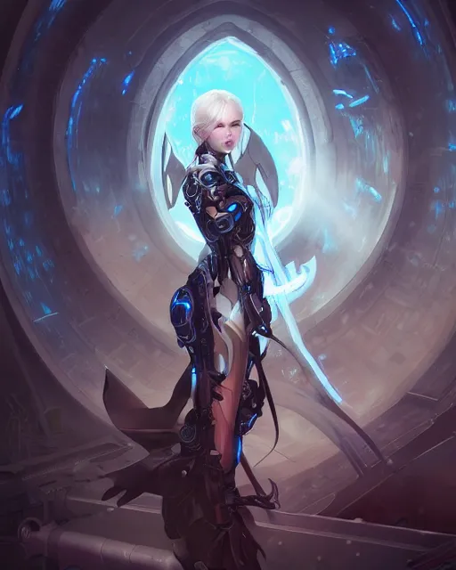 Image similar to holy cyborg necromancer girl, elegant, scifi, futuristic, utopia, garden, illustration, atmosphere, top lighting, blue eyes, white hair, focused, artstation, highly detailed, art by yuhong ding and chengwei pan and serafleur and ina wong